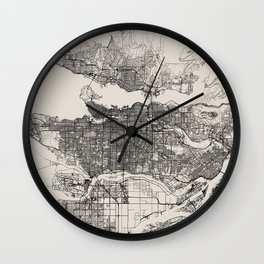 Canada, Vancouver Map - Black & White Wall Clock