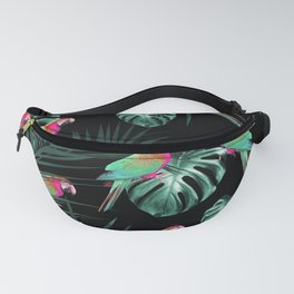 Parrots in the Tropical Jungle Night #1 #tropical #decor #art #society6 Fanny Pack | Beach Vibes, Exotic Leaves, Interior Decor, Nature, Tropical Leaves, Tropical Vibes, Psittacoidea, Wallart, Digital Manipulation, Black Background 