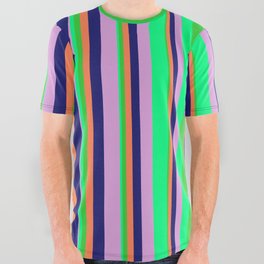 [ Thumbnail: Vibrant Lime Green, Coral, Midnight Blue, Plum, and Green Colored Lines/Stripes Pattern All Over Graphic Tee ]
