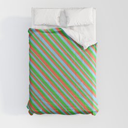 [ Thumbnail: Lime Green, Red, and Light Sky Blue Colored Striped Pattern Comforter ]