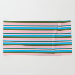 [ Thumbnail: Deep Sky Blue, Dark Olive Green & Pink Colored Lined/Striped Pattern Beach Towel ]