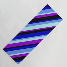 [ Thumbnail: Colorful Blue, Cornflower Blue, Turquoise, Dark Violet, and Black Colored Pattern of Stripes Yoga Mat ]