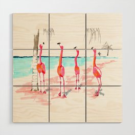 Flamingos on a beach  Wood Wall Art