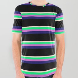[ Thumbnail: Beige, Green, Orchid, Midnight Blue, and Black Colored Lined Pattern All Over Graphic Tee ]