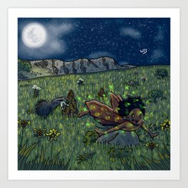 Flying with fireflies Art Print