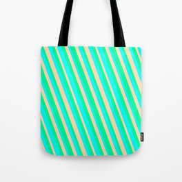 [ Thumbnail: Aqua, Tan, and Green Colored Striped/Lined Pattern Tote Bag ]
