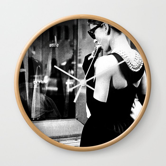 Audrey Hepburn in Black Gown, Jewelry, Vintage Black and White Art Wall Clock