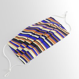 [ Thumbnail: Chocolate, Light Yellow, Black & Blue Colored Lines/Stripes Pattern Face Mask ]