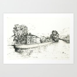 Ink black and white cityscape drawing of the embankment Art Print