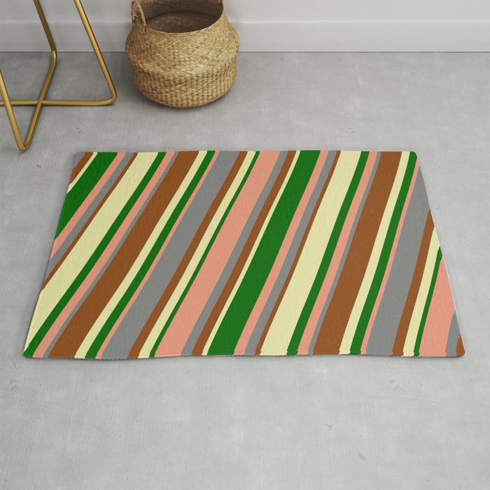 Colorful Grey, Brown, Pale Goldenrod, Dark Green & Dark Salmon Colored Lined/Striped Pattern Rug