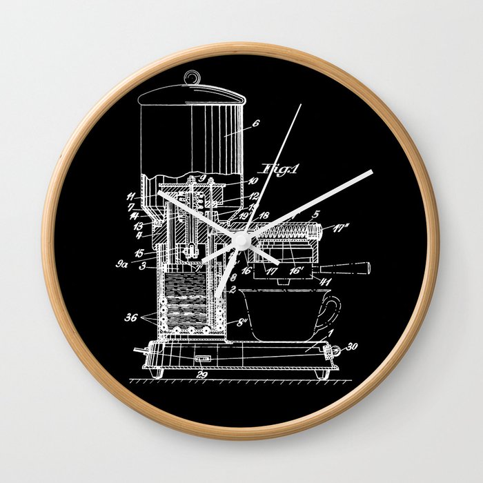 Espresso Machine Patent Artwork - White on Black Wall Clock