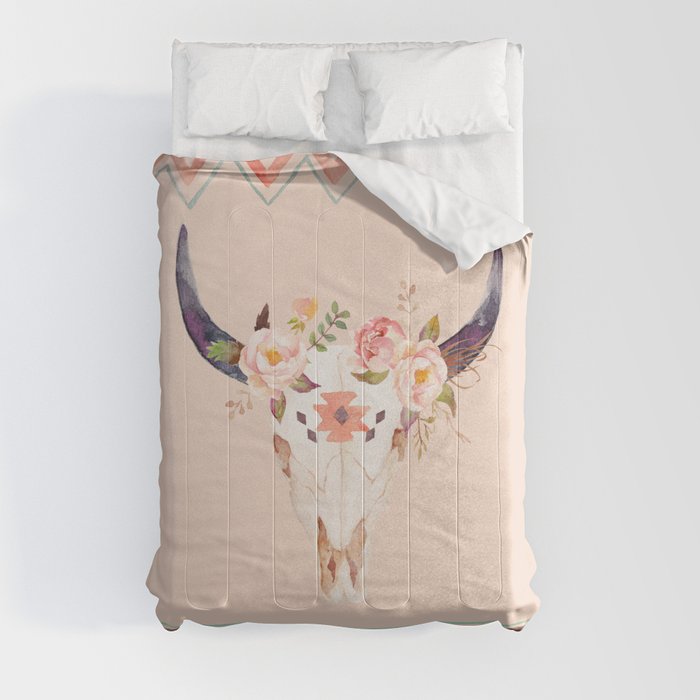 Bull Head Skull Boho Flowers Comforter