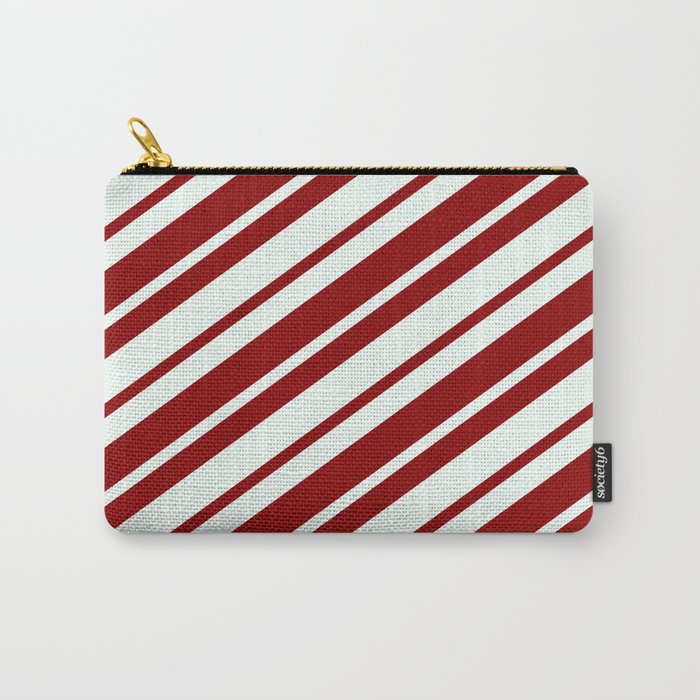 Mint Cream & Dark Red Colored Striped Pattern Carry-All Pouch