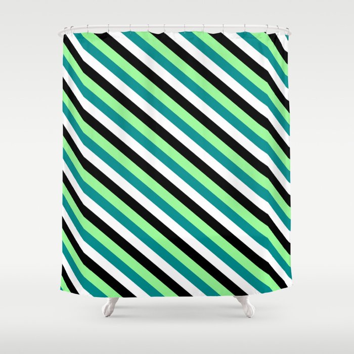 Green, Dark Cyan, White, and Black Colored Lined/Striped Pattern Shower Curtain