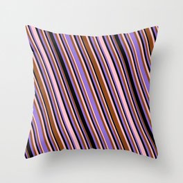 [ Thumbnail: Pink, Brown, Purple & Black Colored Lined Pattern Throw Pillow ]