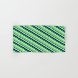 [ Thumbnail: Midnight Blue, Sea Green, Green & Dark Sea Green Colored Stripes Pattern Hand & Bath Towel ]