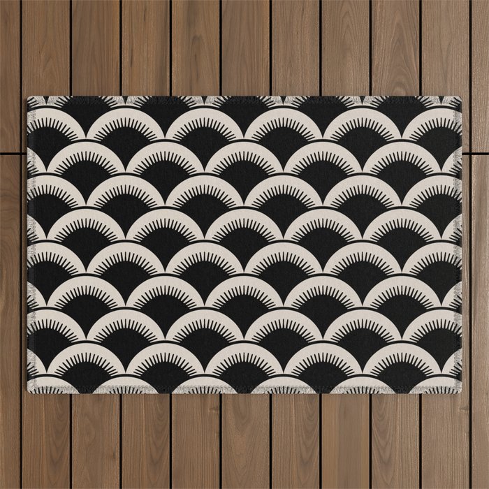 Japanese Fan Pattern 122 Black and Linen White Outdoor Rug