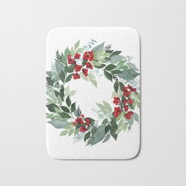 Holly Berry Bath Mat | Eucalyptus, Wreath, Kellygreen, Snow, Painting, Leaves, Blueleaves, Xmas, Holiday, Pine 
