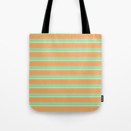 [ Thumbnail: Aquamarine and Brown Colored Lined Pattern Tote Bag ]