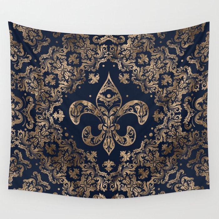 Luxury Fleur-de-lis Ornament - gold and dark blue Wall Tapestry