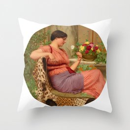 The Time Of Roses (1916) "Girl with a beautiful transparent Summer pink Dress" John William Godward Throw Pillow