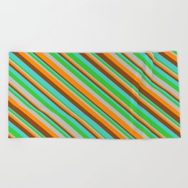 [ Thumbnail: Eye-catching Turquoise, Lime Green, Grey, Dark Orange & Brown Colored Lines/Stripes Pattern Beach Towel ]