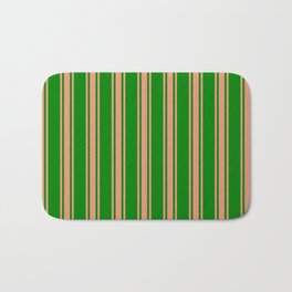 [ Thumbnail: Green and Dark Salmon Colored Lines/Stripes Pattern Bath Mat ]