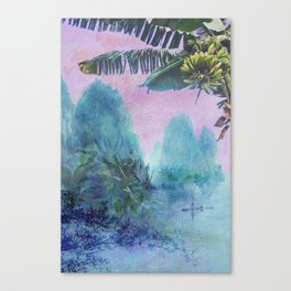Banana tree &amp; bamboo boat - Pink Sunset Mountainscape  Canvas Print