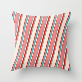 [ Thumbnail: Light Coral, Dark Turquoise, Beige & Red Colored Lines/Stripes Pattern Throw Pillow ]