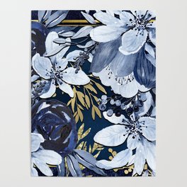 Navy Blue & Gold Watercolor Floral Poster