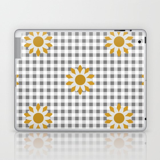 Gray Beige Colored Checker Board Effect Grid Illustration with Yellow Mustard Daisy Flowers Laptop & iPad Skin