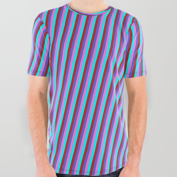 Slate Blue, Violet, Cyan, and Red Colored Lines Pattern All Over Graphic Tee