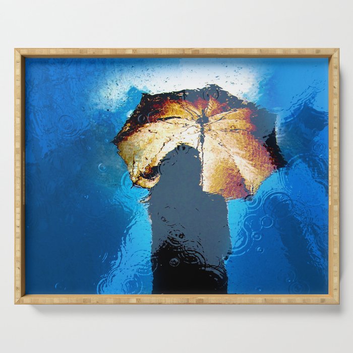 Raindrops keep falling on my head in blue girl with umbrella color photograph - photography - photographs for office, home, wall decor Serving Tray