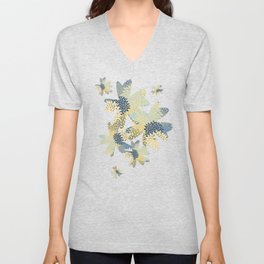 Floral Print, Yellow, Gray, Blue, Teal V Neck T Shirt