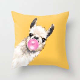 Bubble Gum Sneaky Llama in Yellow Throw Pillow