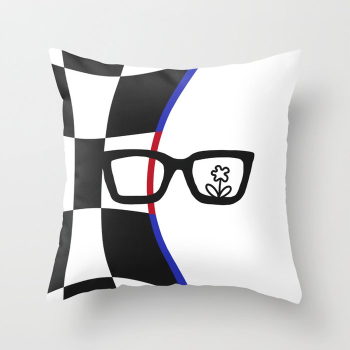 Glasses with flower in warped checkerboard (black and white) Throw Pillow
