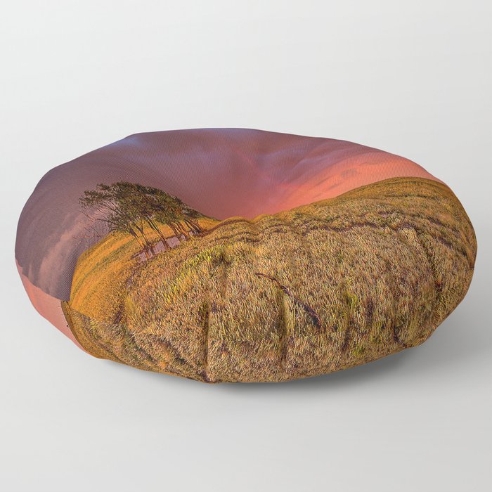 Fire Within - Red Sky and Rainbow Over Lone Tree on Great Plains Floor Pillow