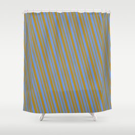 [ Thumbnail: Cornflower Blue and Dark Goldenrod Colored Pattern of Stripes Shower Curtain ]