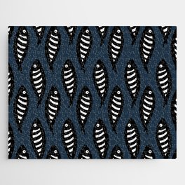 Abstract black and white fish pattern Dark blue Jigsaw Puzzle