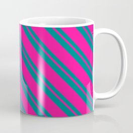 [ Thumbnail: Deep Pink & Teal Colored Lined/Striped Pattern Coffee Mug ]