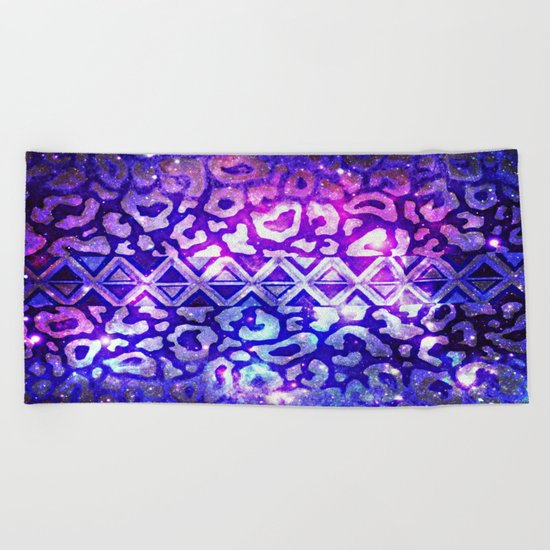 TRIBAL LEOPARD GALAXY Animal Print Aztec Native Pattern Geometric Purple Blue Ombre Space Galactic Beach Towel