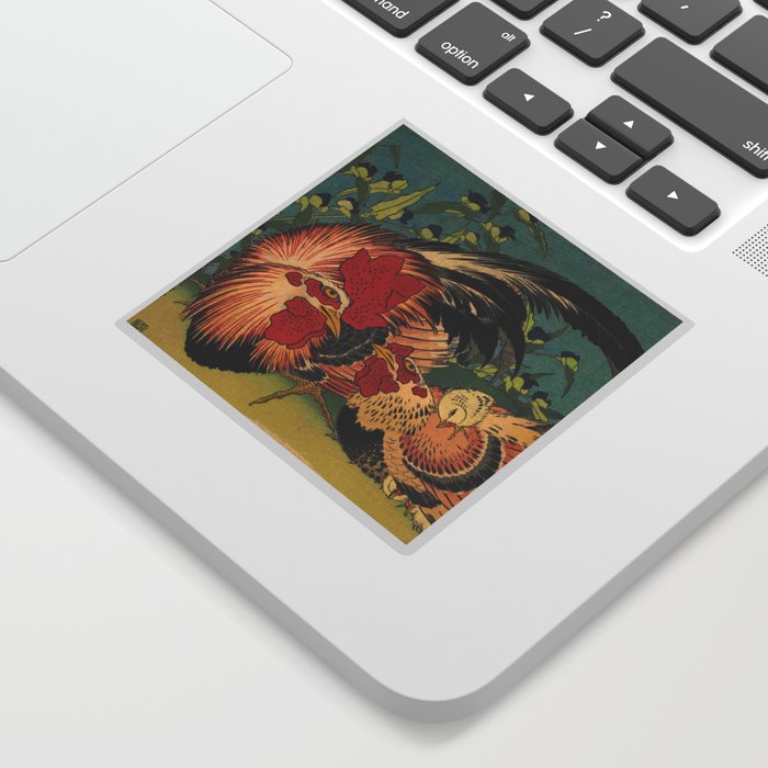 Hokusai, Rooster,Hen and Chicken with Spiderwort Sticker by oldking