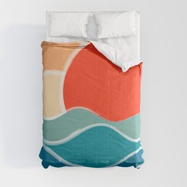 Retro 70s and 80s Color Palette Mid-Century Minimalist Nature Waves and Sun Abstract Art Comforter