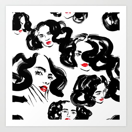 A Pattern Of Glamorous Girls With Wavy Hair In Black And Red