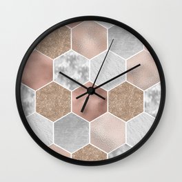 Gentle rose gold and marble hexagons Wall Clock