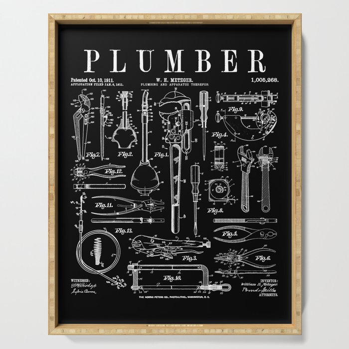Plumber Plumbing Wrench And Tools Vintage Patent Print Serving Tray