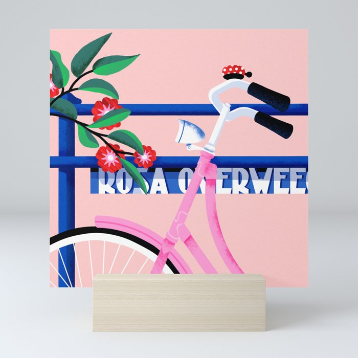 Amsterdam pink bike and flowers illustration Mini Art Print