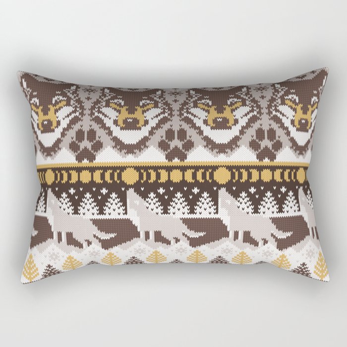 Fair isle knitting grey wolf // oak and taupe brown wolves yellow moons and pine trees Rectangular Pillow