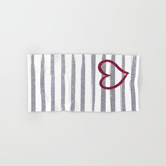 Red Heart on Shiny Silver Stripes Hand & Bath Towel