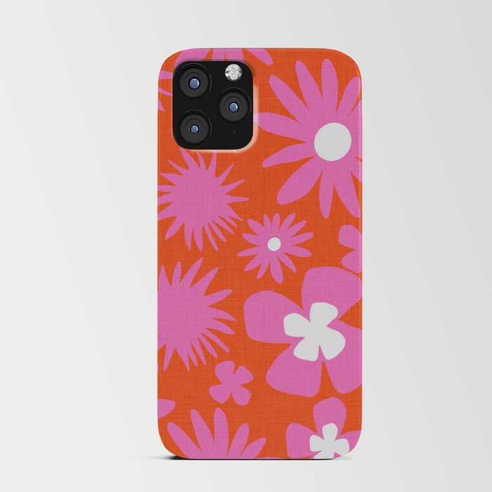 Hot Pink On Retro Red Wild Flowers iPhone Card Case